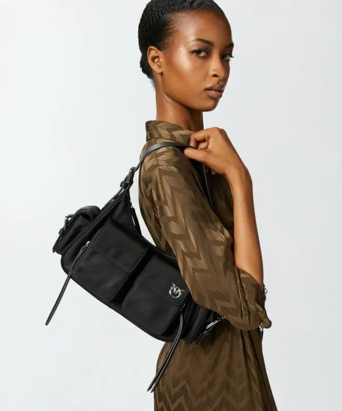 Women Shoulder Bags Pinko Cargo Bag In Recycled Technical Fabric Limo Blackshiny Nickel Women Shoulder Bags Pinko Cargo Bag In Recycled Technical Fabric Limo Blackshiny Nickel