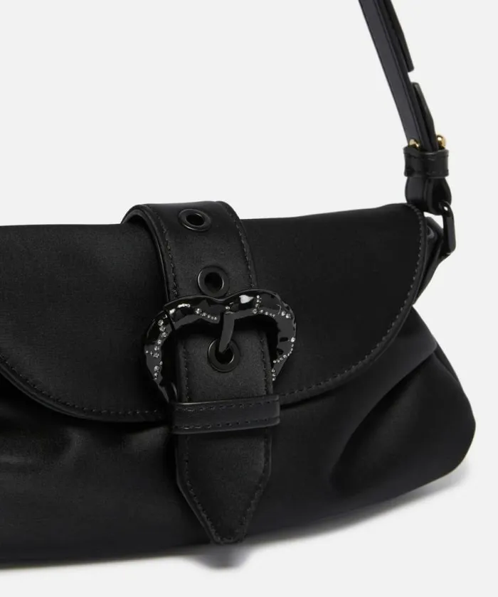 Women Shoulder Bags Pinko Small Jolene Shoulder Bag In Duchesse With Heartshaped Buckle Limo Black Block Colour Women Shoulder Bags Pinko Small Jolene Shoulder Bag In Duchesse With Heartshaped Buckle Limo Black Block Colour