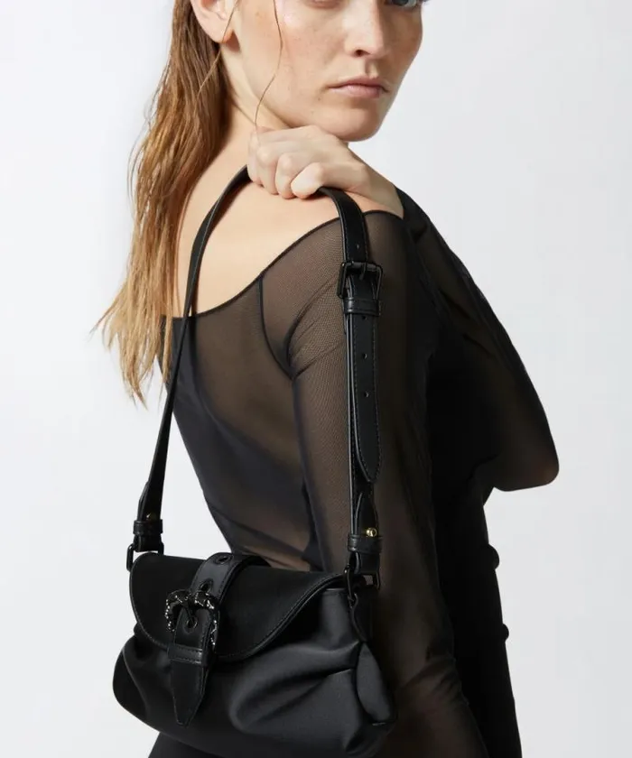 Women Shoulder Bags Pinko Small Jolene Shoulder Bag In Duchesse With Heartshaped Buckle Limo Black Block Colour Women Shoulder Bags Pinko Small Jolene Shoulder Bag In Duchesse With Heartshaped Buckle Limo Black Block Colour