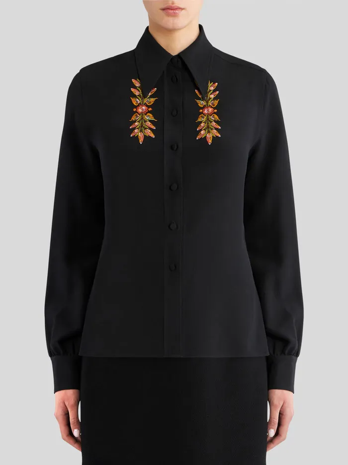 Women Silk Shirt With Foliage Embroidery Etro Shirts And Blouses