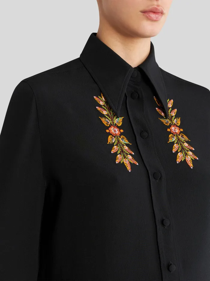 Women Silk Shirt With Foliage Embroidery Etro Shirts And Blouses