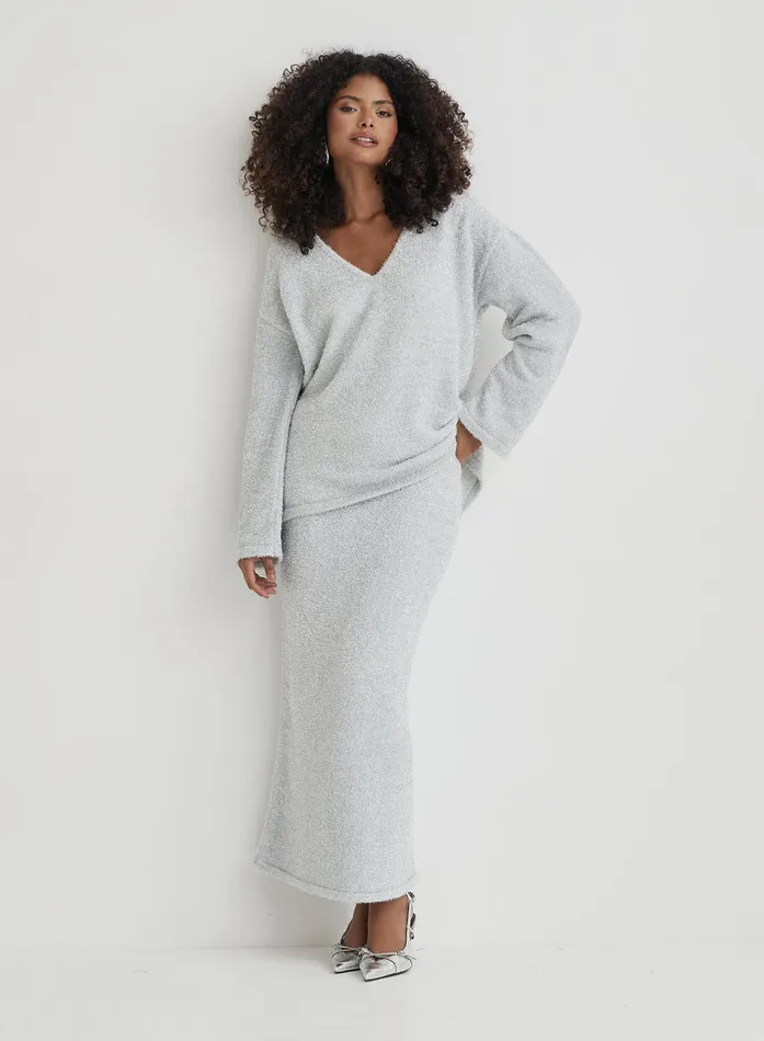 Women Silver Tinsel Knit Maxi Skirt Oaklyn 4th and Reckless Knitwear