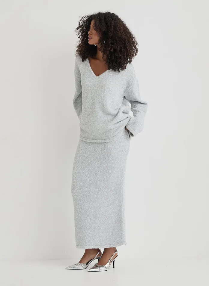 Women Silver Tinsel Knit Maxi Skirt Oaklyn 4th and Reckless Knitwear