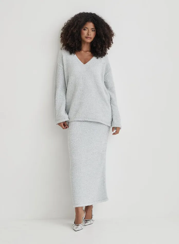 Women Silver Tinsel Knit Maxi Skirt Oaklyn 4th and Reckless Knitwear