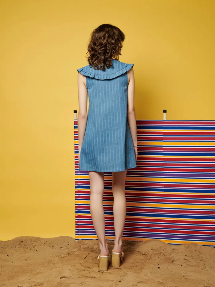 Women Sister Jane Dresses Ghospell Deborah Striped Denim Mini Dress Aegean Blue