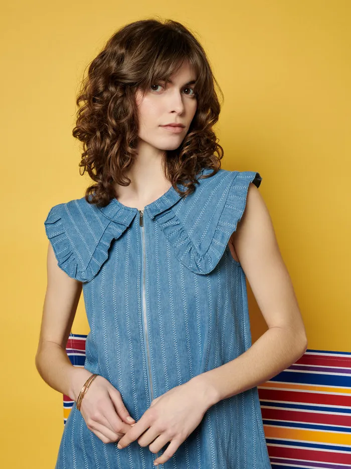 Women Sister Jane Dresses Ghospell Deborah Striped Denim Mini Dress Aegean Blue