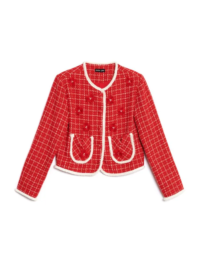 Women Sister Jane Jackets Sweet Cherry Tweed Jacket Carmine Red