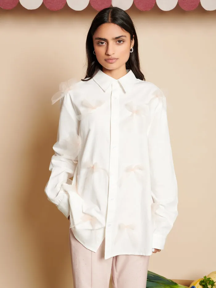 Women Sister Jane Tops Penny Tulle Bow Shirt Pearl Ivory