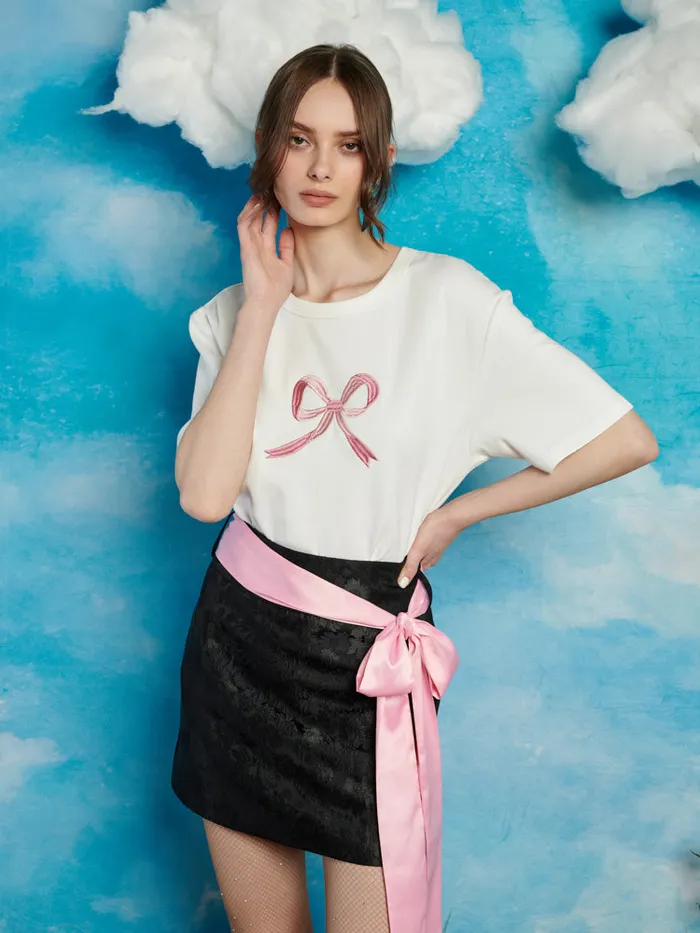 Women Sister Jane Tops Rory Bow Embroidered Tshirt Pearled Ivory