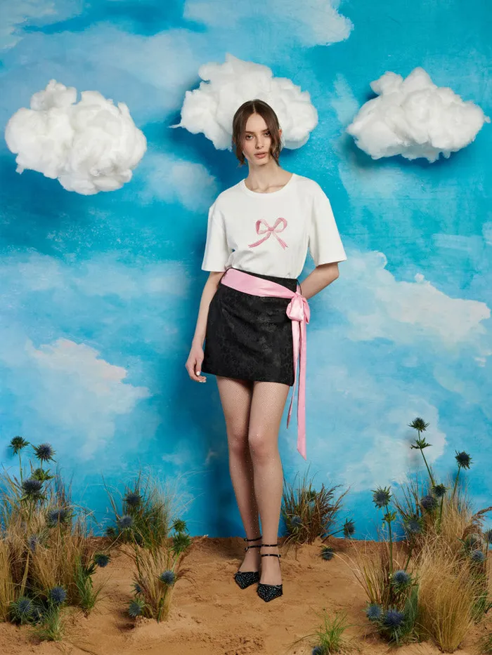 Women Sister Jane Tops Rory Bow Embroidered Tshirt Pearled Ivory
