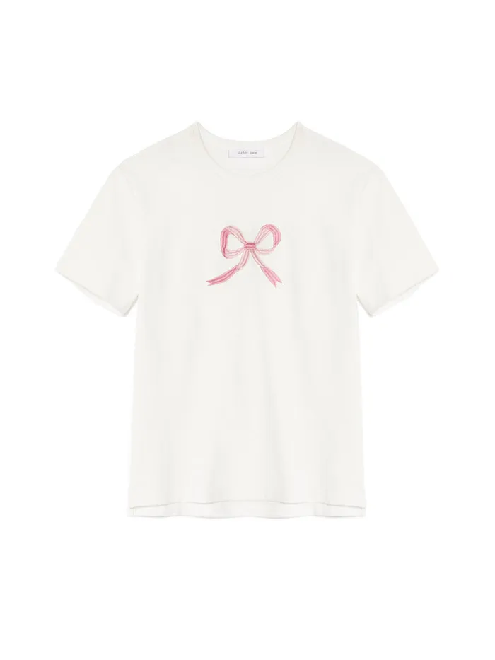 Women Sister Jane Tops Rory Bow Embroidered Tshirt Pearled Ivory