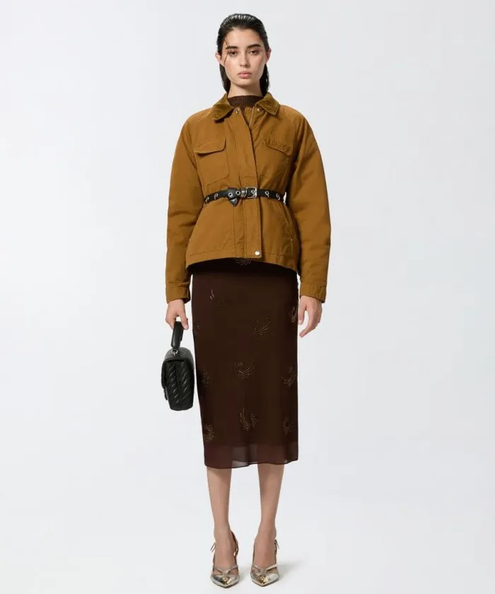 Women Skirts Pinko Georgette Skirt With Rhinestone Swirls Coffee Bean Brown