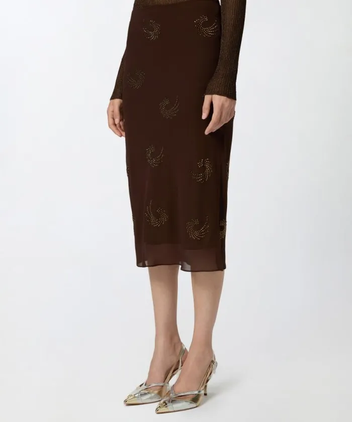 Women Skirts Pinko Georgette Skirt With Rhinestone Swirls Coffee Bean Brown Women Skirts Pinko Georgette Skirt With Rhinestone Swirls Coffee Bean Brown