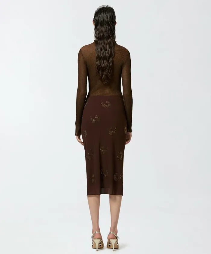 Women Skirts Pinko Georgette Skirt With Rhinestone Swirls Coffee Bean Brown Women Skirts Pinko Georgette Skirt With Rhinestone Swirls Coffee Bean Brown
