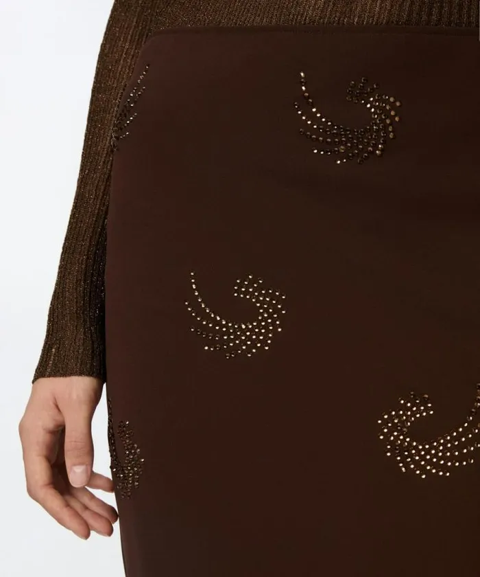 Women Skirts Pinko Georgette Skirt With Rhinestone Swirls Coffee Bean Brown Women Skirts Pinko Georgette Skirt With Rhinestone Swirls Coffee Bean Brown