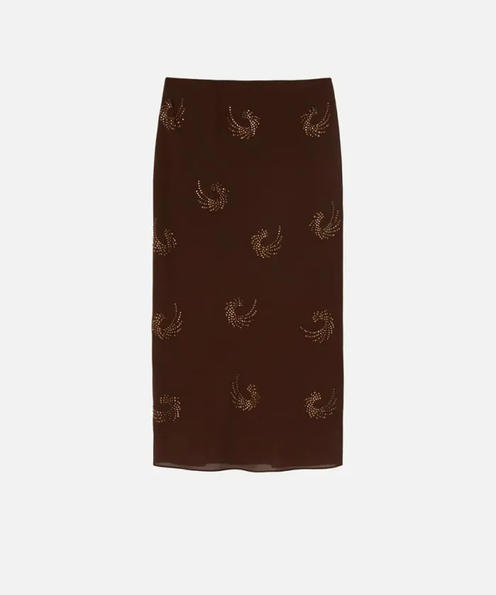 Women Skirts Pinko Georgette Skirt With Rhinestone Swirls Coffee Bean Brown Women Skirts Pinko Georgette Skirt With Rhinestone Swirls Coffee Bean Brown