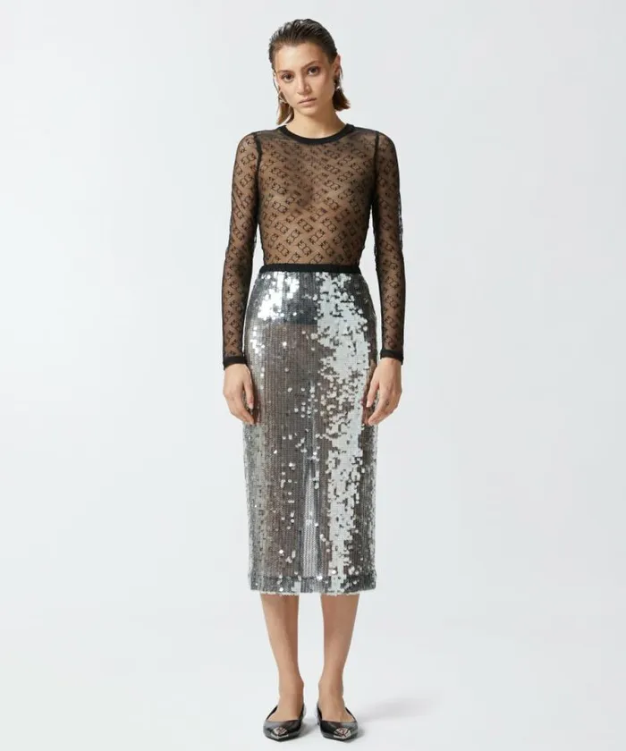 Women Skirts Pinko Sequinned Mesh Pencil Skirt Blacktransparent
