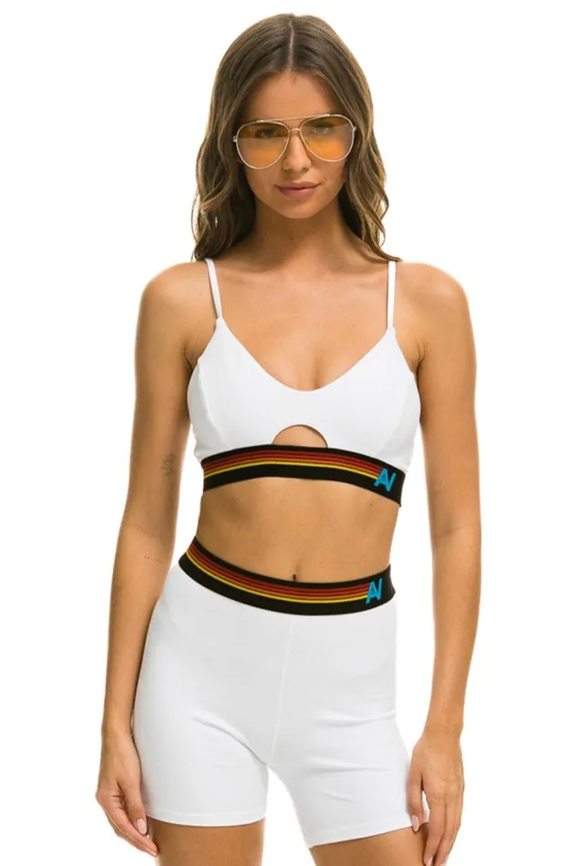 Women Sports Bras Aviator Nation Logo Elastic Keyhole Bra 8211 White