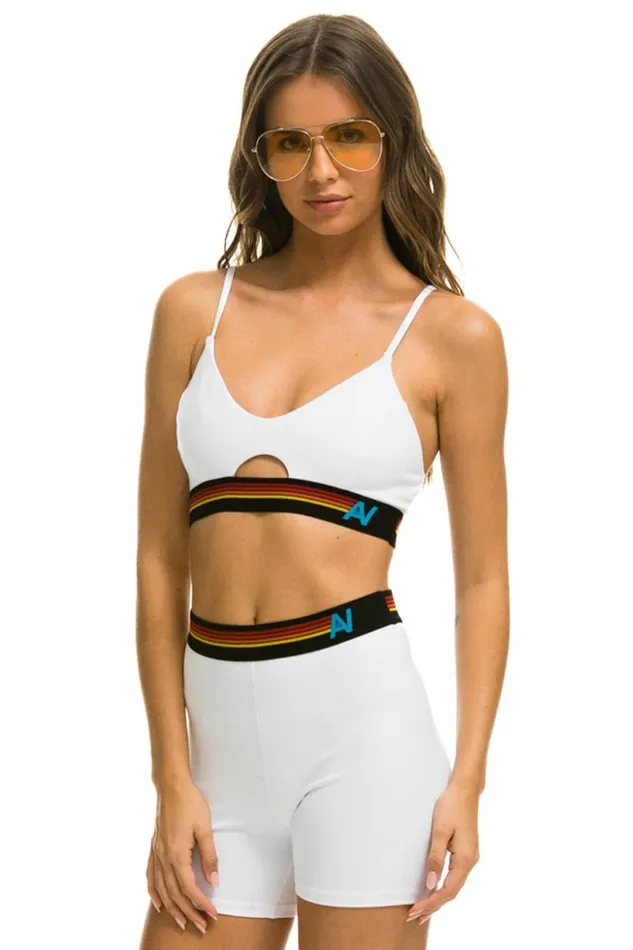Women Sports Bras Aviator Nation Logo Elastic Keyhole Bra 8211 White