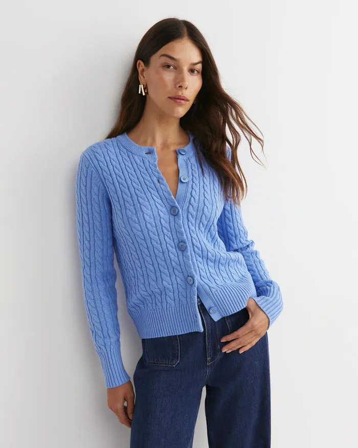 Women Sportscraft Knits and Cardigans Cable Merino Cotton Cardigan Belle Blue