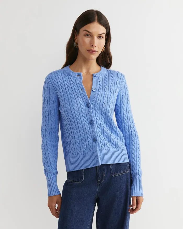 Women Sportscraft Knits and Cardigans Cable Merino Cotton Cardigan Belle Blue