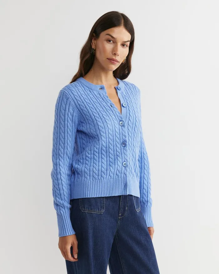 Women Sportscraft Knits and Cardigans Cable Merino Cotton Cardigan Belle Blue