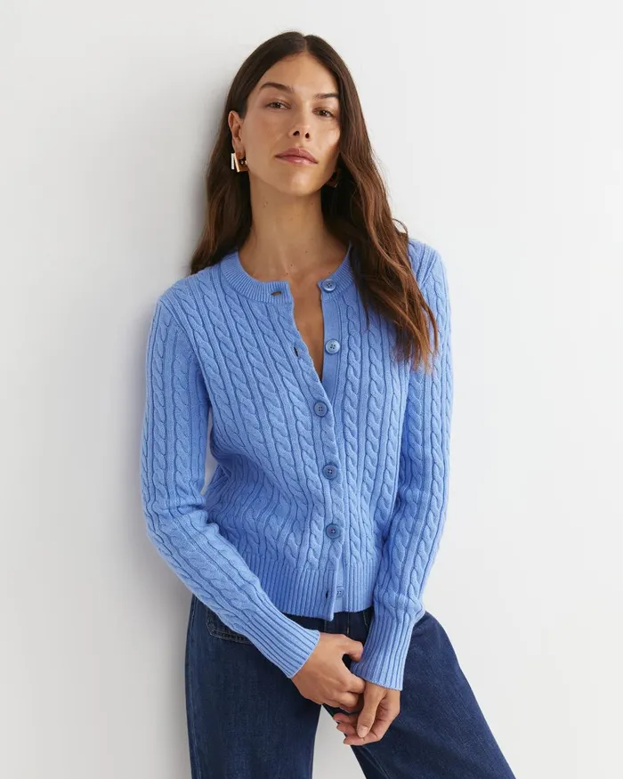 Women Sportscraft Knits and Cardigans Cable Merino Cotton Cardigan Belle Blue
