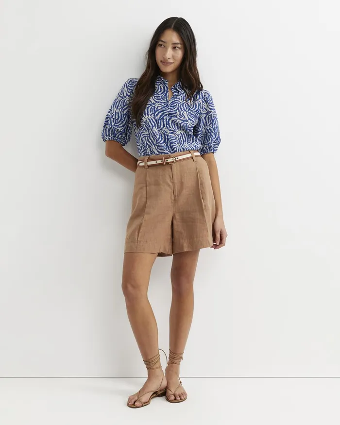 Women Sportscraft Shirts Lola Cotton Silk Short Sleeve Blouse Blueivory