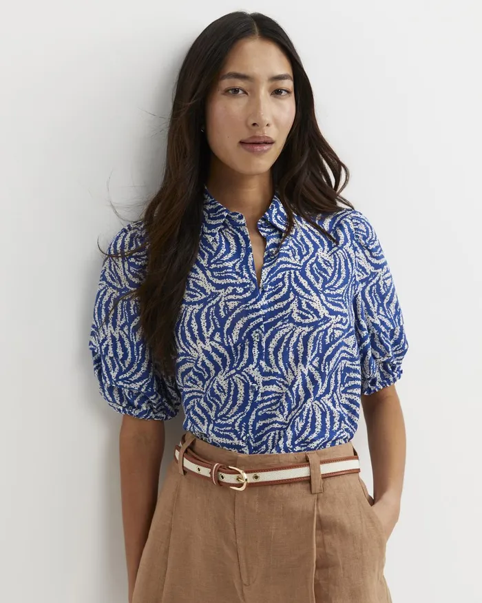 Women Sportscraft Shirts Lola Cotton Silk Short Sleeve Blouse Blueivory