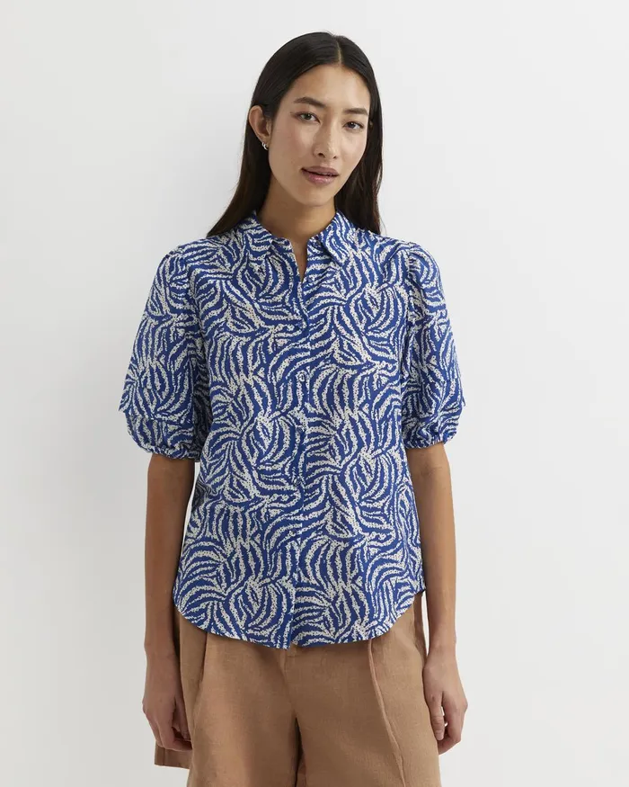 Women Sportscraft Shirts Lola Cotton Silk Short Sleeve Blouse Blueivory