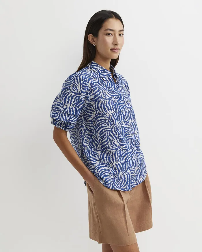 Women Sportscraft Shirts Lola Cotton Silk Short Sleeve Blouse Blueivory