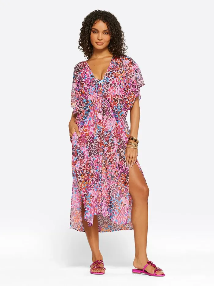 Women Swim Jessica Simpson French Exit Long Swim Cover Up In Pink Multi