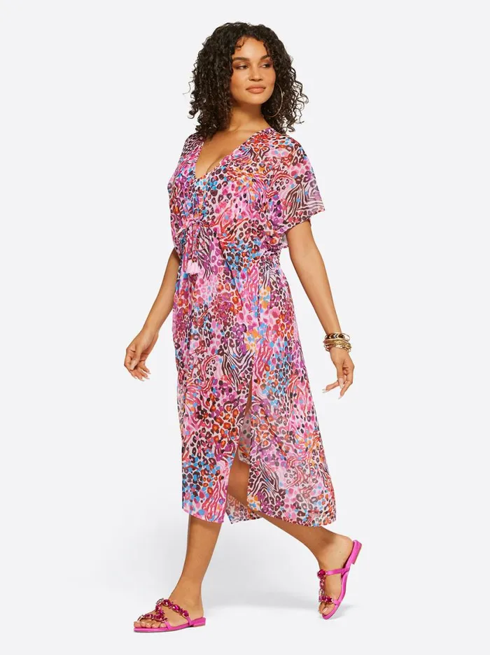 Women Swim Jessica Simpson French Exit Long Swim Cover Up In Pink Multi