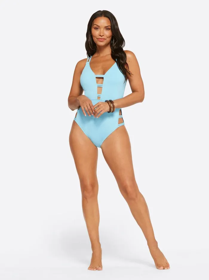 Women Swim Jessica Simpson Textured Solids Plunge One Piece In Sky