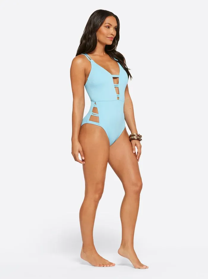 Women Swim Jessica Simpson Textured Solids Plunge One Piece In Sky