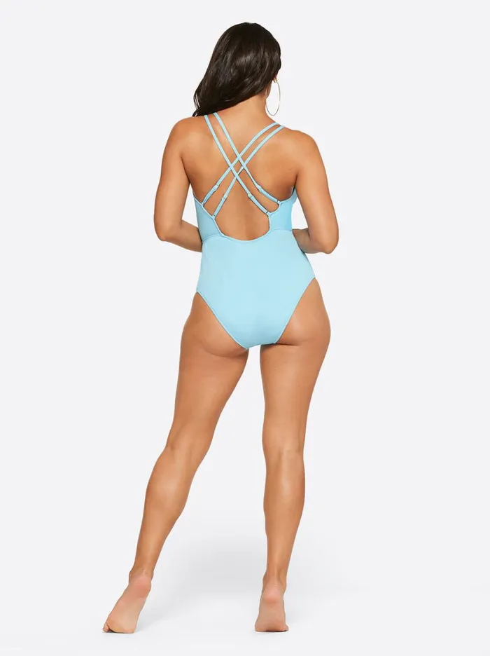 Women Swim Jessica Simpson Textured Solids Plunge One Piece In Sky