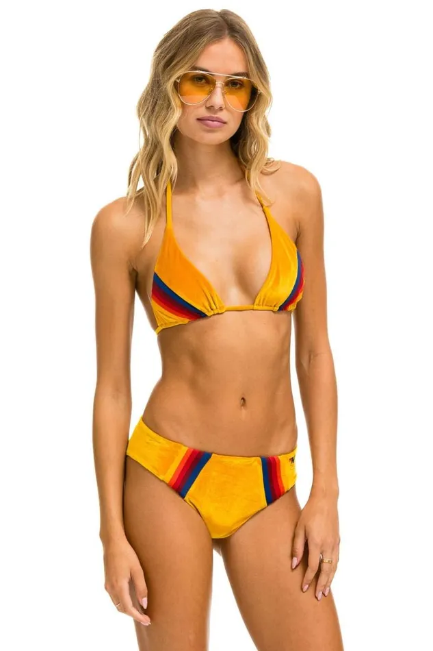Women Swim Tops Aviator Nation 5 Stripe Velvet Triangle Bikini Top 8211 Gold