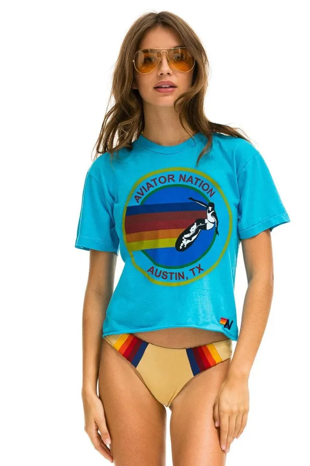 Women Tees Aviator Nation Signature Austin Boyfriend Tee 8211 Neon Blue