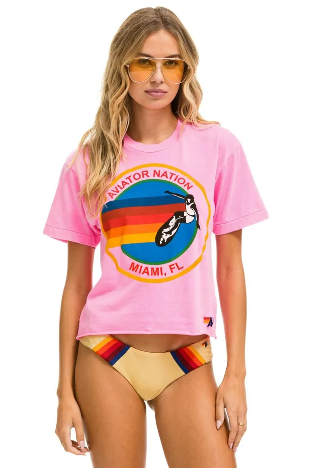 Women Tees Aviator Nation Signature Miami Boyfriend Tee 8211 Neon Pink