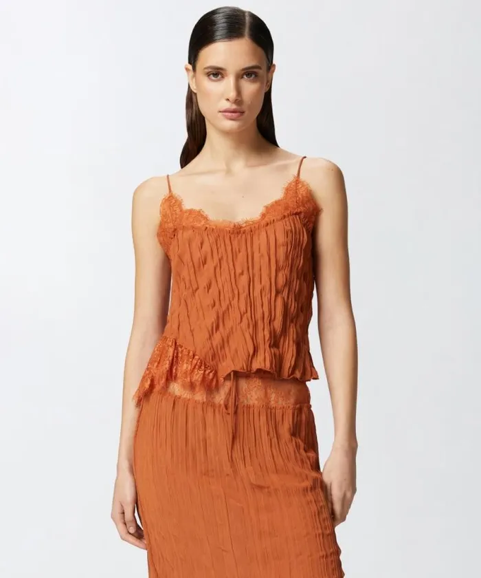 Women Topwear Pinko Gathered Georgette Top With Lace Tan Brown