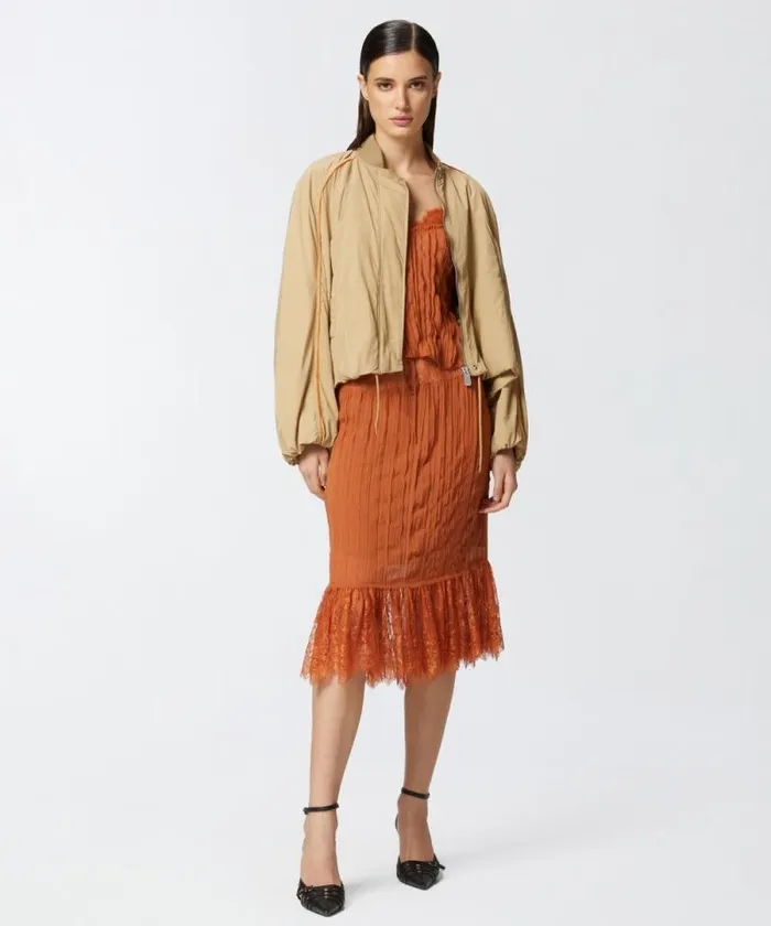 Women Topwear Pinko Gathered Georgette Top With Lace Tan Brown Women Topwear Pinko Gathered Georgette Top With Lace Tan Brown