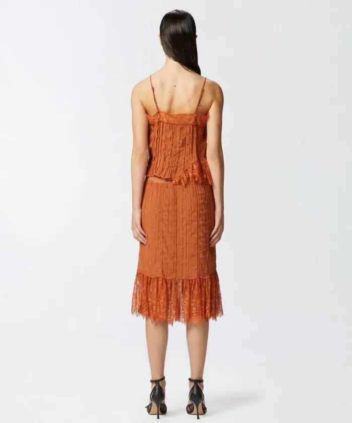 Women Topwear Pinko Gathered Georgette Top With Lace Tan Brown Women Topwear Pinko Gathered Georgette Top With Lace Tan Brown