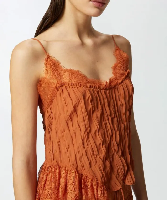 Women Topwear Pinko Gathered Georgette Top With Lace Tan Brown Women Topwear Pinko Gathered Georgette Top With Lace Tan Brown