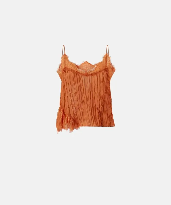 Women Topwear Pinko Gathered Georgette Top With Lace Tan Brown Women Topwear Pinko Gathered Georgette Top With Lace Tan Brown