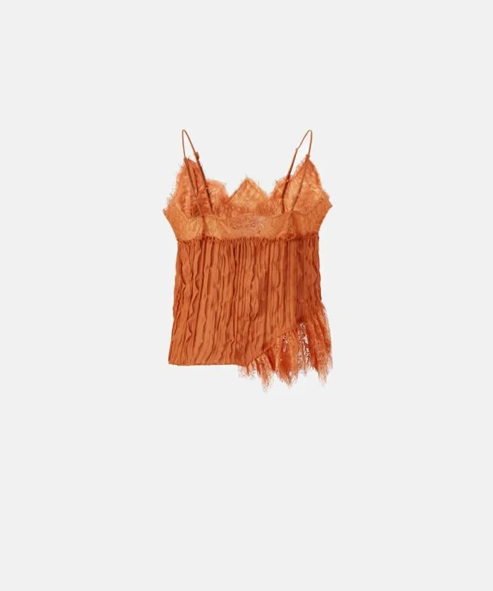 Women Topwear Pinko Gathered Georgette Top With Lace Tan Brown Women Topwear Pinko Gathered Georgette Top With Lace Tan Brown