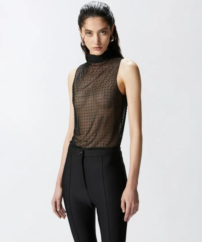Women Topwear Pinko Sleeveless Tulle Top With Rhinestones Limo Black