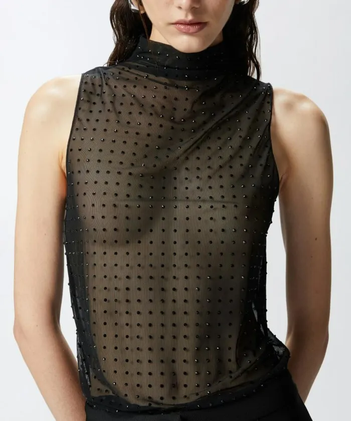 Women Topwear Pinko Sleeveless Tulle Top With Rhinestones Limo Black
