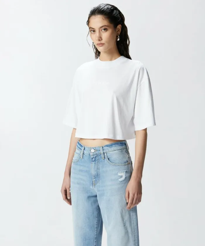 Women Topwear Pinko Tshirt Cropped Con Logo Ricamato Bright White Women Topwear Pinko Tshirt Cropped Con Logo Ricamato Bright White