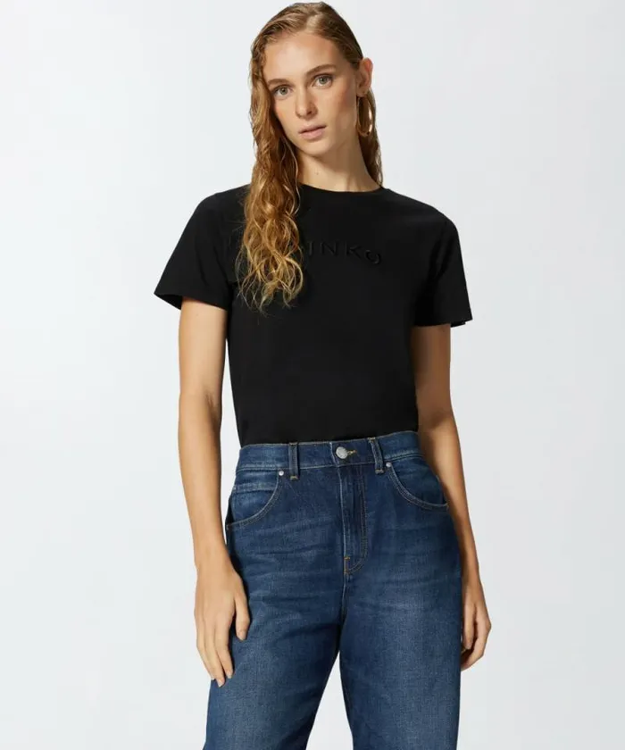 Women Topwear Pinko Tshirt Embroidered Logo Effect Limo Black