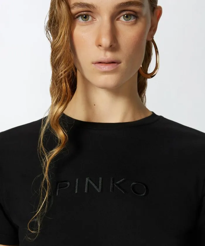 Women Topwear Pinko Tshirt Embroidered Logo Effect Limo Black Women Topwear Pinko Tshirt Embroidered Logo Effect Limo Black